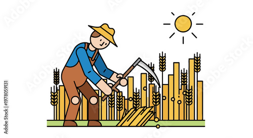 Man in blue shirt harvesting wheat.