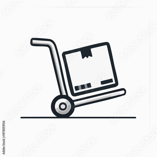 Simple line art illustration of a hand truck carrying a cardboard box, representing delivery or moving services.