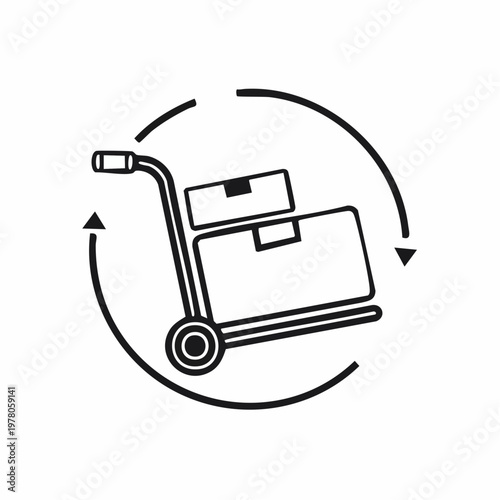 A hand truck with two boxes surrounded by circular arrows, depicting delivery or return service.