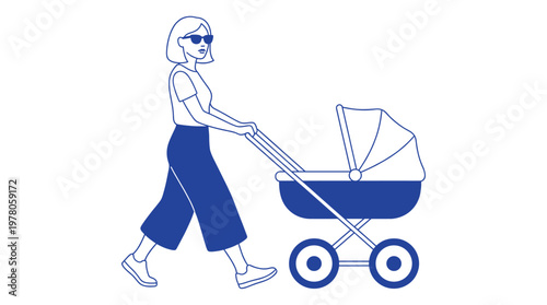 Stylish young mother wearing sunglasses pushing baby stroller carriage walking outdoors in minimalist line art illustration
