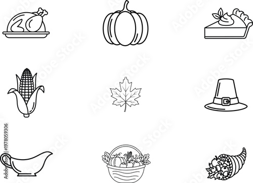 Thanksgiving line icons a collection of autumn and harvest symbols