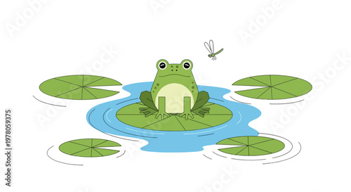 Green Frog Sitting on Lily Pad.