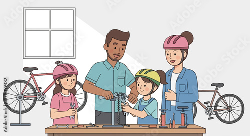 Family fixing bicycle together indoors.