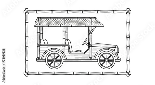 Vintage Bamboo Safari Jeep Illustration, Hand-Drawn Sketch Style, Framed in Bamboo