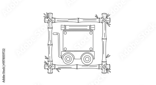 Vintage Luggage Cart Framed by Bamboo Border, Retro Transport Concept