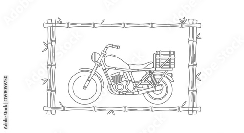 Vintage Motorcycle with Cargo Box Framed by Bamboo