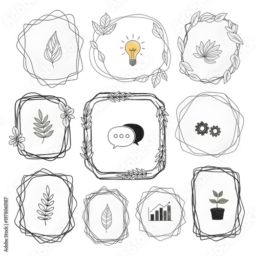 Eight framed idea with lightbulb, plant, brain, and gear