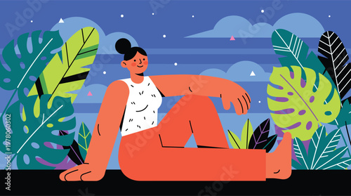 Woman relaxing peacefully by tropical ocean view surrounded by vibrant monstera palm leaves with sailboat on blue water illustration