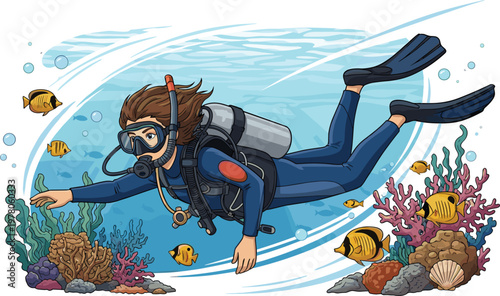 Scuba Diver Underwater Illustration with Coral Reef, Tropical Fish, Ocean Exploration, Diving Equipment, and Marine Life Adventure Scene Collection
