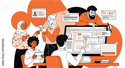 Diverse team collaborating on digital project in vibrant orange and white illustration for business marketing