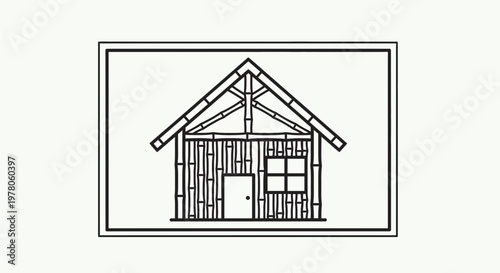 Simple Line Drawing of a Bamboo Cabin with Gable Roof and Window