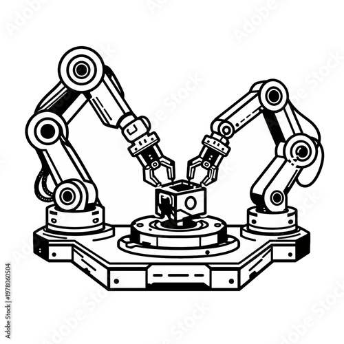 Robotic arms collaboratively assemble a cubic component on a central platform, showcasing advanced automation and manufacturing processes