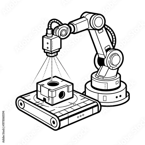 Industrial robot arm with camera inspecting a cubical object on a conveyor belt, representing automation and manufacturing processes