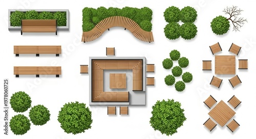 Top view garden landscape design benches tables seating bushes trees outdoor illustration photo
