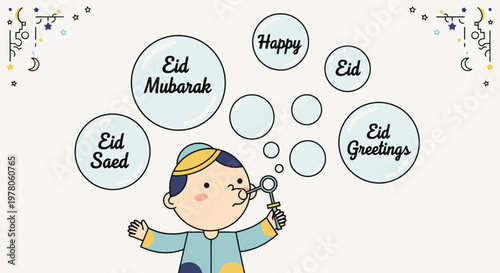 Cartoon boy blowing bubbles happily outside.