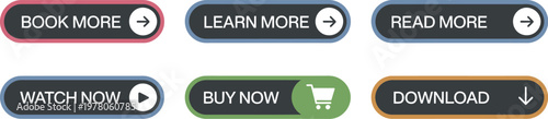 Trendy Flat Button Vector Set, Colorful Modern Web and App UI Buttons Including Read More, Learn More, Buy Now, Download, Watch Now, and Book Now for Digital Interface Design