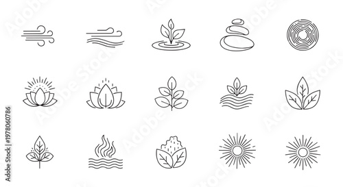 PrinZen Nature and Wellness Elements Minimalist Line Icons Set