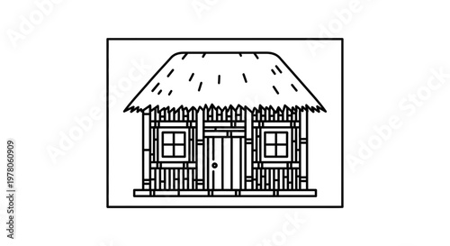 Simple Bamboo Hut with Thatched Roof and Windows - Line Art Illustration