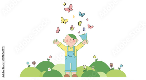 Happy child releasing colorful butterflies outdoors.