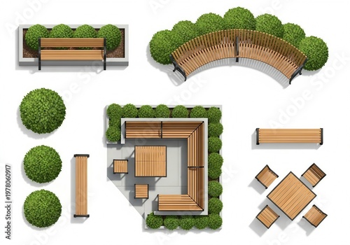 Top view garden landscape design benches tables planters bushes outdoor illustration photo