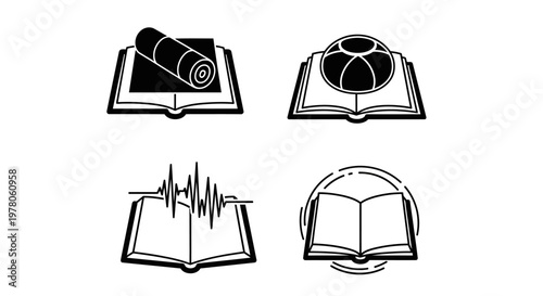 Collection of book icons with various symbols.