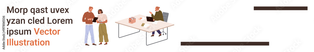 Fototapeta premium Business teamwork, office collaboration, work environment, digital tools, professional communication, productivity. Group of colleagues discussing ideas near a desk. Business teamwork and office