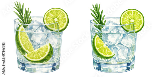 A watercolor collection of gin and tonic cocktails featuring refreshing gin and tonic glasses, lime slices, ice cubes, sparkling tonic water, and rosemary garnish isolated on white background.