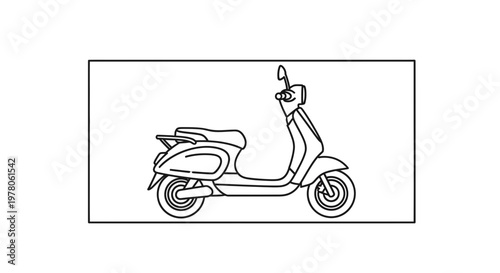 Retro Scooter Outline Drawing, Vintage Motorcycle Line Art Illustration