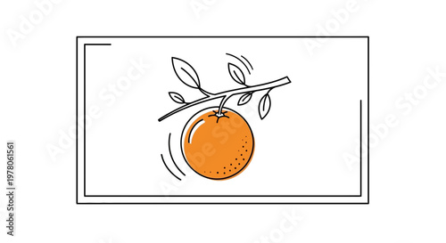 Ripe Orange Hanging on a Branch with Leaves, Fresh Fruit Illustration