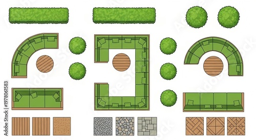 Top view garden landscape design sectional sofas tables hedges flooring outdoor illustration photo