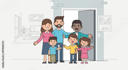 Happy family standing together outside home.