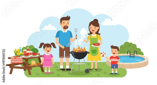 Family having a backyard barbecue together.