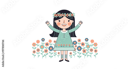 Cartoon girl with flower crown smiling.