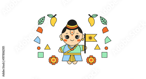 Cartoon Indian child with festival accessories.