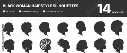 Black woman hairstyle silhouette collection featuring afro, curly, natural hair profiles, beauty vector set isolated on white background