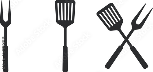 Grill tools silhouette set featuring barbecue fork and spatula, cooking utensil vector collection isolated on white background