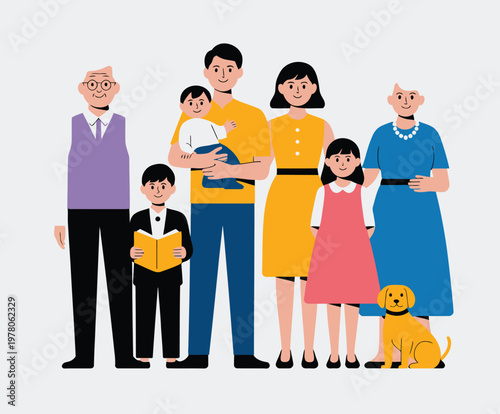 Three-generation family portrait featuring grandparents, parents, children, and a pet cat, representing togetherness, care, and intergenerational connection, modern flat vector illustration 