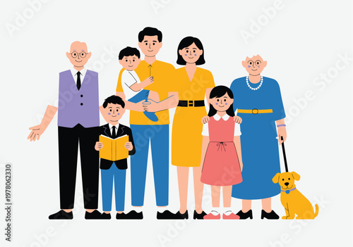 Three-generation family portrait with grandparents, parents, children, and pet cat, symbolizing unity, love, diversity, and generational bonding in a modern vector illustration for family themes