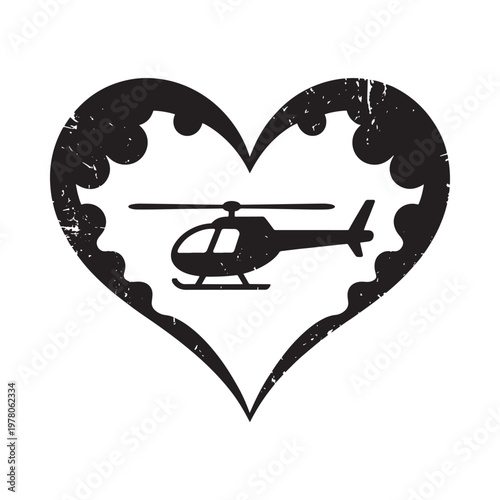 A black silhouette of a helicopter inside a roughly drawn heart shape