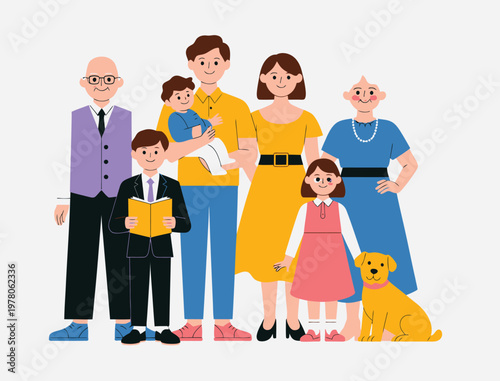 Three-generation family portrait with grandparents, parents, children, and pet cat, symbolizing unity, love, diversity, and generational bonding in a modern vector illustration for family themes