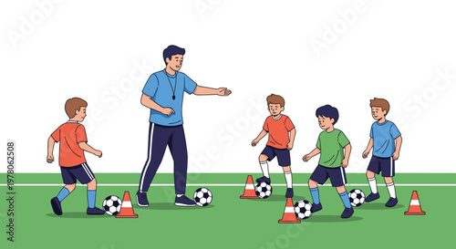 Professional soccer coach training a group of young boys with drills and balls on a green football field during practice.