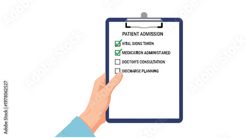 Healthcare professional's hand holding a patient admission checklist clipboard, showing vital signs taken and medication administered, symbolizing medical care and hospital procedures.