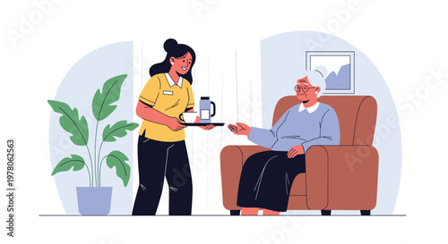 Friendly female caregiver serving a hot cup of tea on a tray to an elderly woman sitting comfortably in her armchair at home.