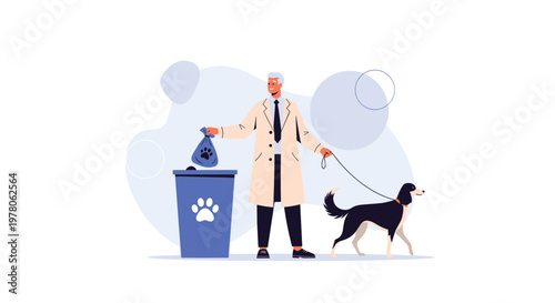 Responsible man picking up his dog waste and throwing a sealed bag into a public disposal bin while walking his pet.