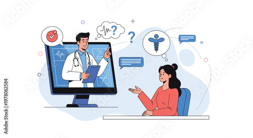 Woman patient consulting with a professional doctor online through a video call on her computer for remote medical advice.