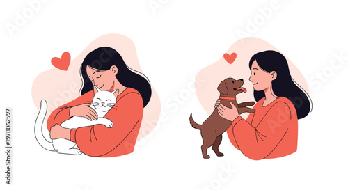 Two heartwarming illustrations of a girl showing love and affection to her white cat and brown puppy with red heart symbols.