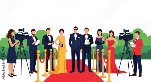 Celebrities posing on a red carpet for photographers and media at a formal award ceremony or glamorous movie premiere event.