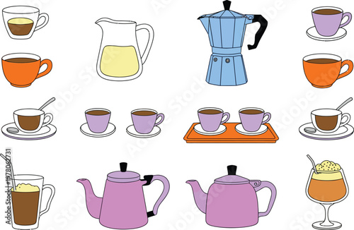 A Collection of Illustrated Coffee and Tea Drinkware and Beverages Isolate PNG
