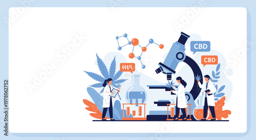 Team of scientists in a laboratory conducting research on cannabis plants and CBD oil using a giant microscope for analysis.