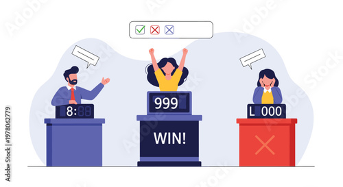 Excited contestants participating in a television game show with score podiums and a cheering winner on the center stage.